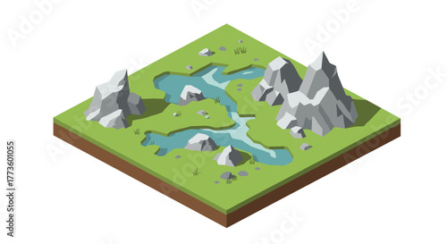 Isometric landscape with river and mountains on grass terrain