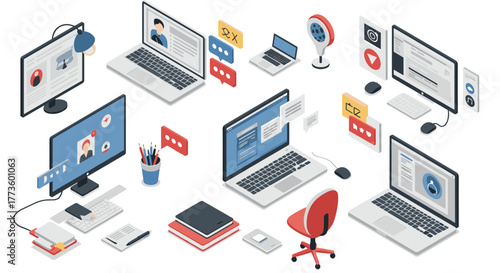 Isometric home office setup with laptops and monitors for remote work and online communication