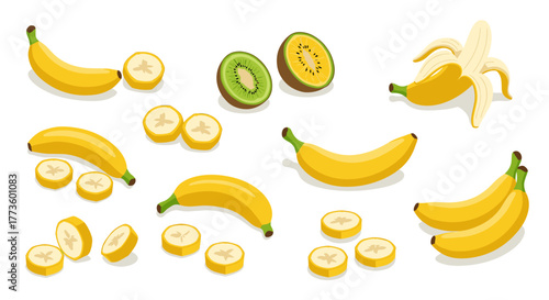 Colorful collection of isometric banana and kiwi slices on white background