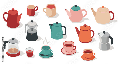 Diverse collection of isometric teapots and cups in modern minimalist style