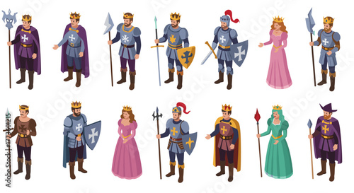 Medieval characters collection in isometric style featuring knights, kings, and queens in traditional attire