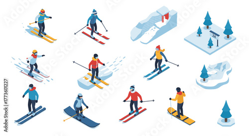 Isometric winter sports characters engaging in outdoor skiing and snowboarding activities