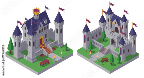 Medieval isometric castle with flags and towers in a vibrant landscape