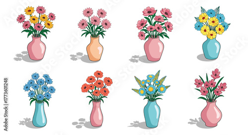 Colorful floral arrangements in vases on white background