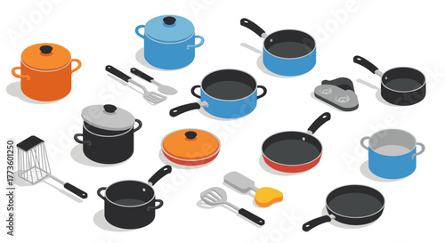 Colorful isometric cookware set with frying pans and pots on white background