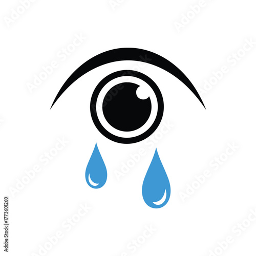 A simple graphic icon depicting a stylized human eye shedding two blue tears, symbolizing sadness, grief, emotion, or crying.