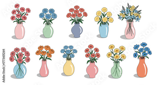 Colorful floral arrangements in vases with vibrant blooms on white background