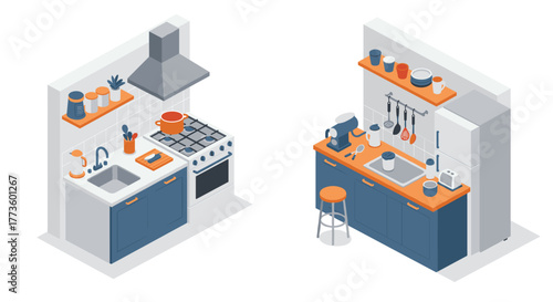 Modern isometric kitchen interior design with appliances and utensils