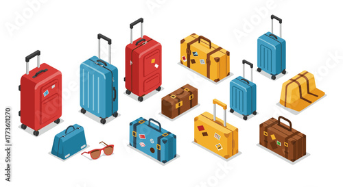 Colorful isometric luggage set with travel stickers and accessories