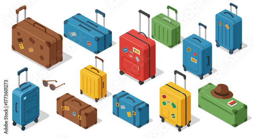 Colorful isometric suitcases and travel accessories on white background