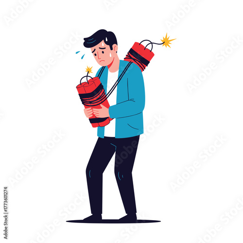 A stressed man is sweating profusely while carrying two bundles of dynamite with lit fuses, symbolizing extreme pressure and impending danger in a critical situation.