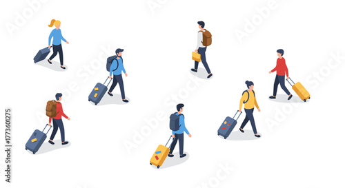 Isometric travelers with luggage on white background