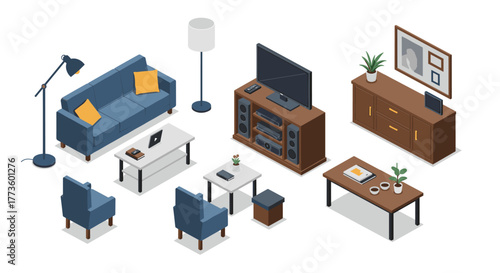 Isometric living room interior with modern furniture and decor elements