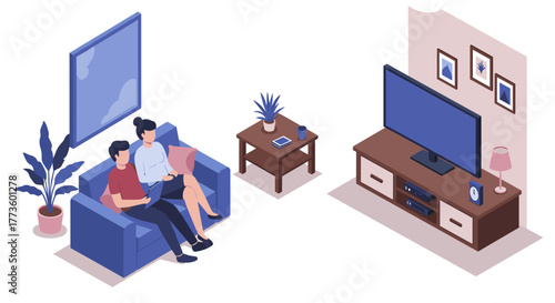 Couple relaxing in a cozy living room watching tv in isometric style