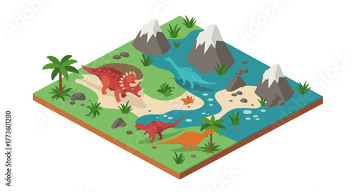 Isometric dinosaur landscape with prehistoric creatures by river