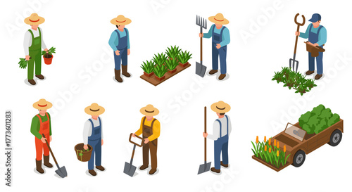 Isometric farming set: farmers, tools, and vegetables in agriculture scene