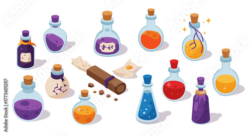 Colorful magic potions and elixirs with scroll in isometric art style