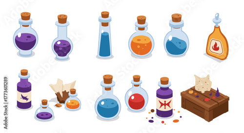 Magical potion bottles set with wooden table and scrolls in isometric style