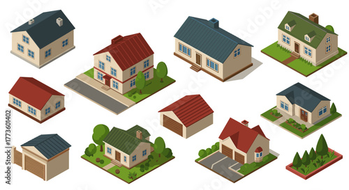 Isometric residential buildings collection with vibrant roofs and gardens