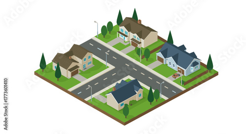 Isometric neighborhood scene with suburban houses and streets