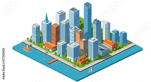 Modern isometric cityscape with high-rise buildings and waterfront