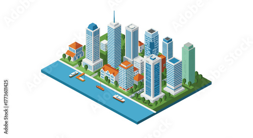 Isometric cityscape with modern skyscrapers and waterfront harbor scene