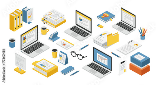 Isometric office essentials with laptops and stationery in modern style