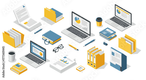 Office supplies and technology in isometric style: laptops, folders, and stationery