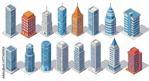 Modern cityscape collection with isometric perspective skyscrapers