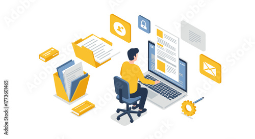 Isometric digital workspace with laptop and online document management tools