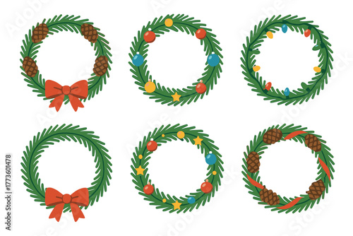 Festive Christmas wreath designs for decoration and celebration. Set of 6 Christmas vector illustration