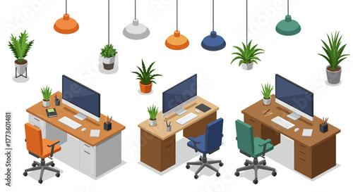 Modern isometric office desks with plants and pendant lights