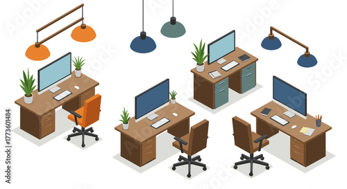 Modern office workspace design with desks and chairs in isometric style