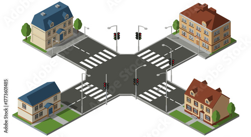Isometric city intersection with residential buildings and crosswalks