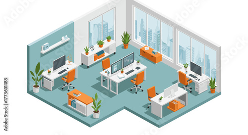 Modern office workspace isometric design with desks and city view