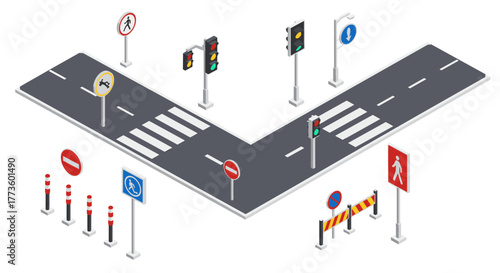 Isometric road intersection with traffic lights and signs