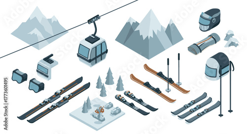Isometric winter sports essentials with ski equipment and mountain elements