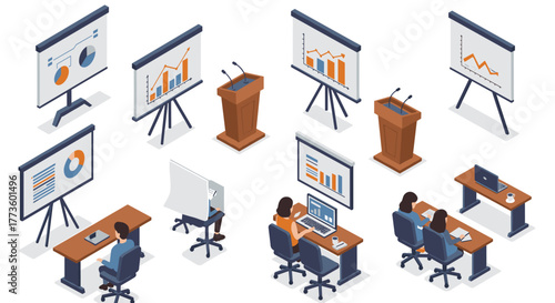 Business presentation and training setup in isometric style