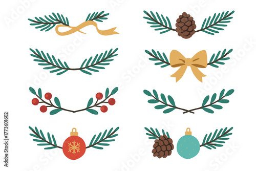 Festive botanical elements for holiday design and decorations. Set of 6 Christmas vector illustration