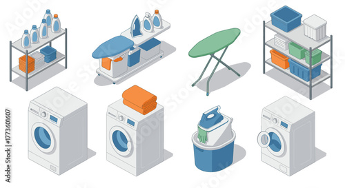 Modern laundry room essentials in isometric style: washing machines and accessories