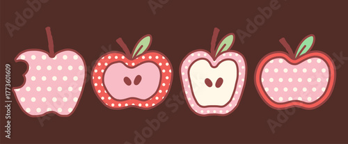 Cute Hand Drawn Outlined Apple Illustration Doodle in Polkadot Pattern