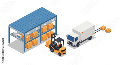 Isometric warehouse scene with forklift and delivery truck