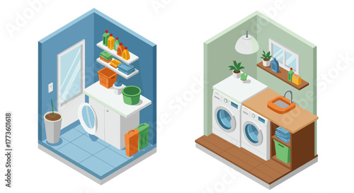 Modern laundry room design with appliances and storage in isometric view