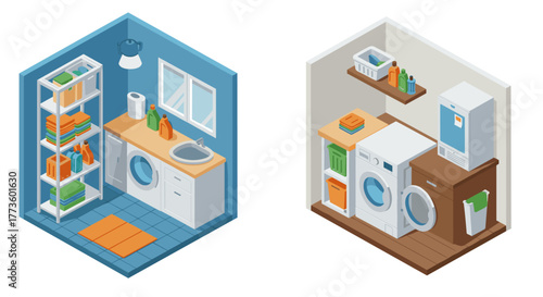 Modern isometric laundry rooms with appliances and storage solutions