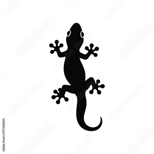 Minimalist black and white vector illustration of a gecko silhouette, emphasizing its distinctive shape and adhesive toe pads against a clean background.