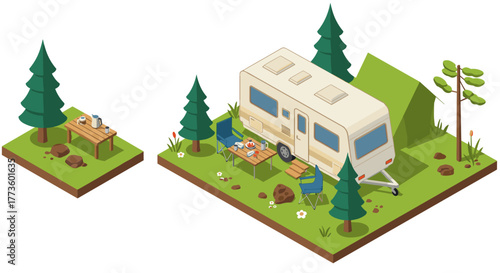 Isometric camping scene with caravan and forest elements
