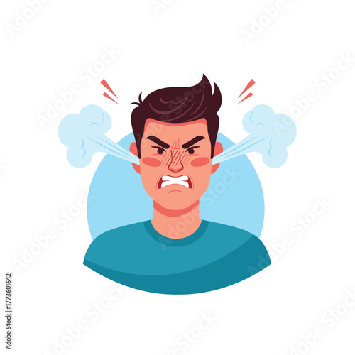 A cartoon illustration of a highly frustrated and angry man with steam visibly emanating from his ears, symbolizing extreme irritation and stress.