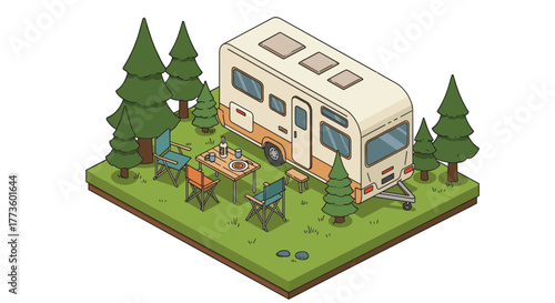 Cozy forest camping scene with caravan, chairs, and trees in isometric style