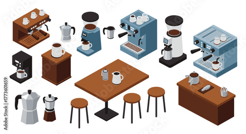Isometric coffee shop elements with espresso machines and table set