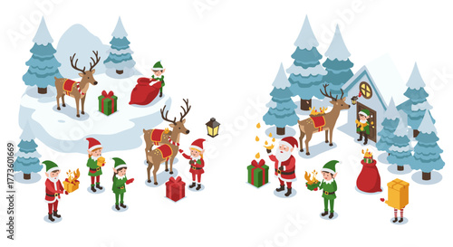 Festive holiday scene with santa, elves, and reindeer in a snowy winter wonderland